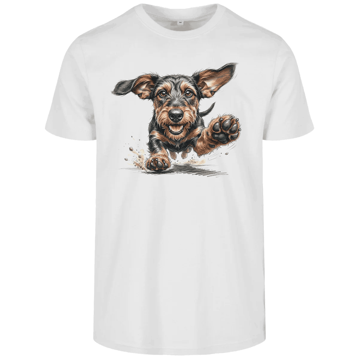 Design-Shirt Airedale Terrier - weißes T-Shirt mit springendem Airedale Terrier