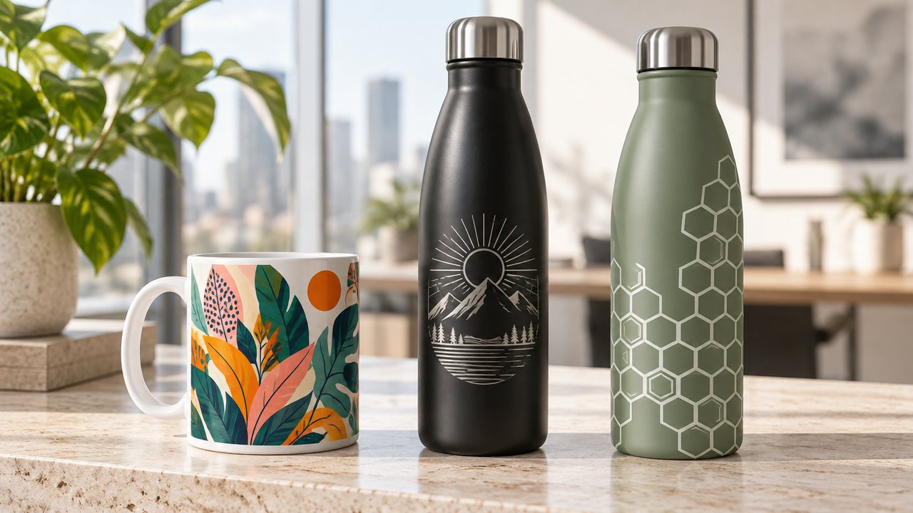 Bedruckte Tasse und zwei veredelte Edelstahl-Trinkflaschen mit unterschiedlichen Motiven