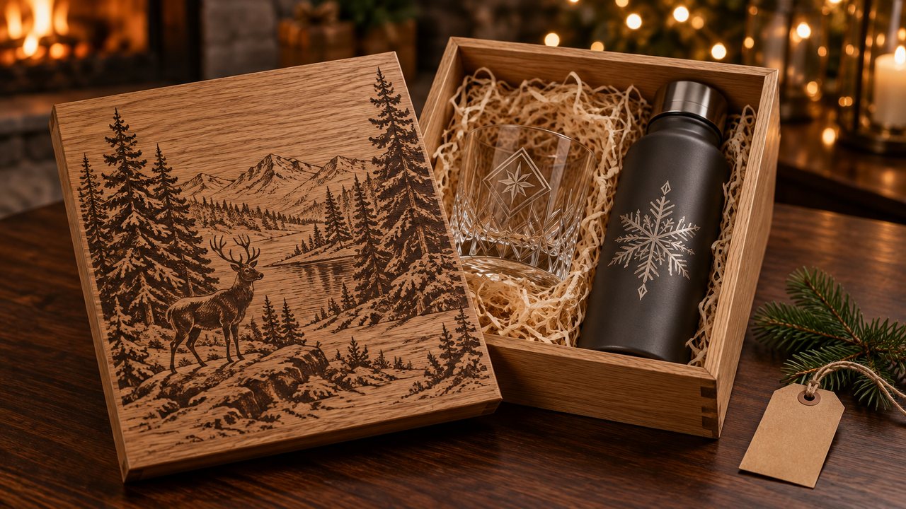 Holzbox mit gravierter Winterlandschaft, graviertem Glas und Trinkflasche als Kundengeschenk