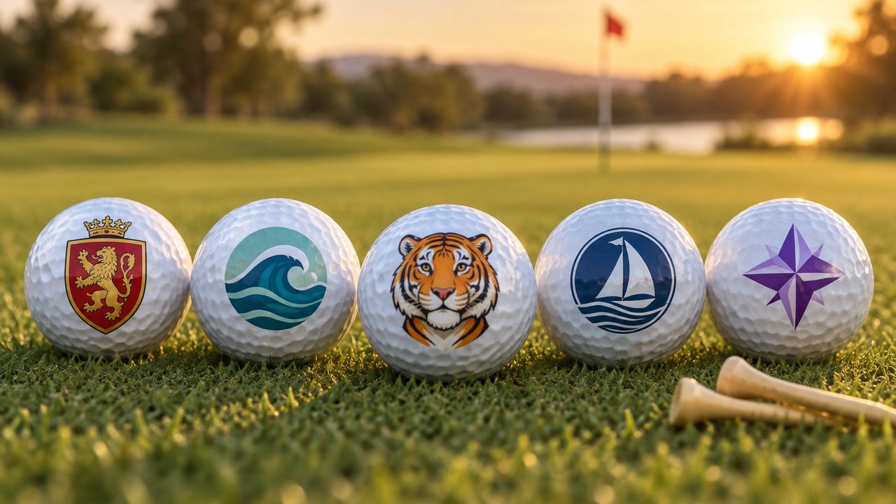 Fünf Golfbälle mit unterschiedlichen farbigen Logos auf dem Grün