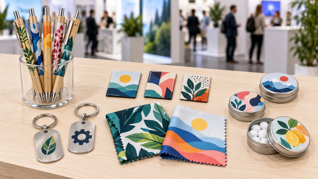 Messe-Giveaways: bedruckte Kugelschreiber, Schlüsselanhänger, Magnete, Brillentücher und Minzdosen