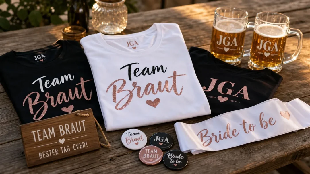 Team-Braut-Shirts, Buttons und Schärpe (KI-generiertes Beispielbild)