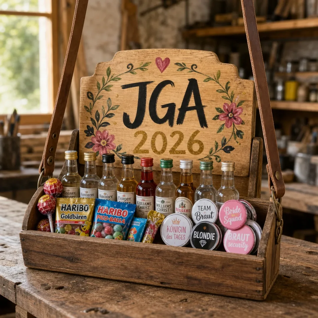 Bauchladen mit JGA-Schild, Fläschchen und Buttons (KI-generiertes Beispielbild)