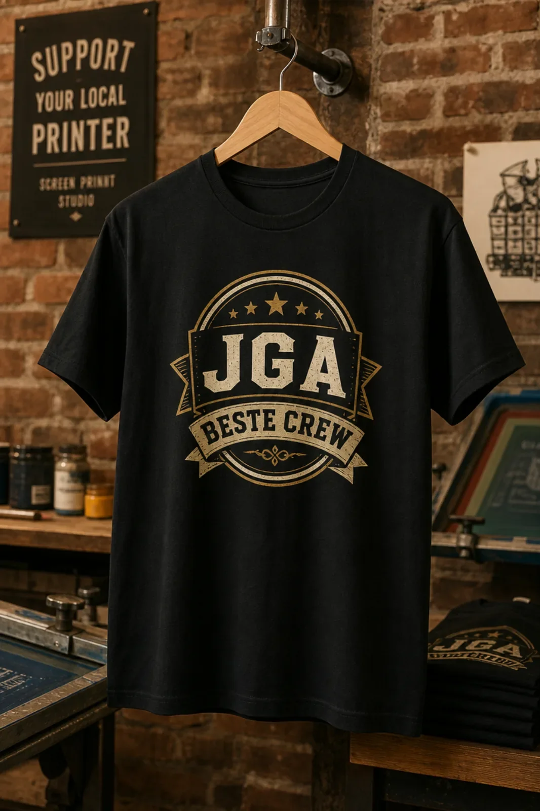 JGA-Shirt mit Beste-Crew-Motiv in der Druckwerkstatt (KI-generiertes Beispielbild)