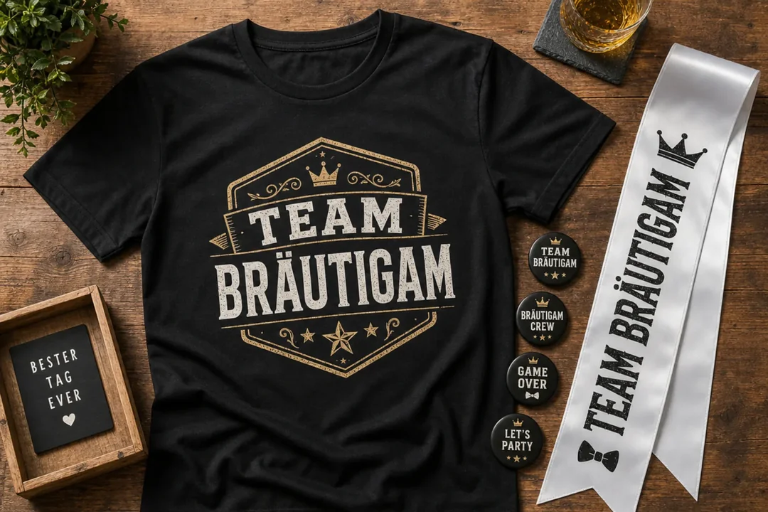 Team-Bräutigam-Shirt mit Buttons und Schärpe (KI-generiertes Beispielbild)