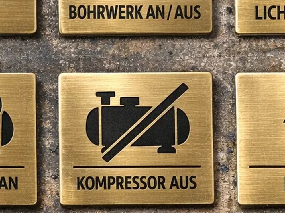 Graviertes Messingschild mit Kompressor-Symbol, Detailaufnahme