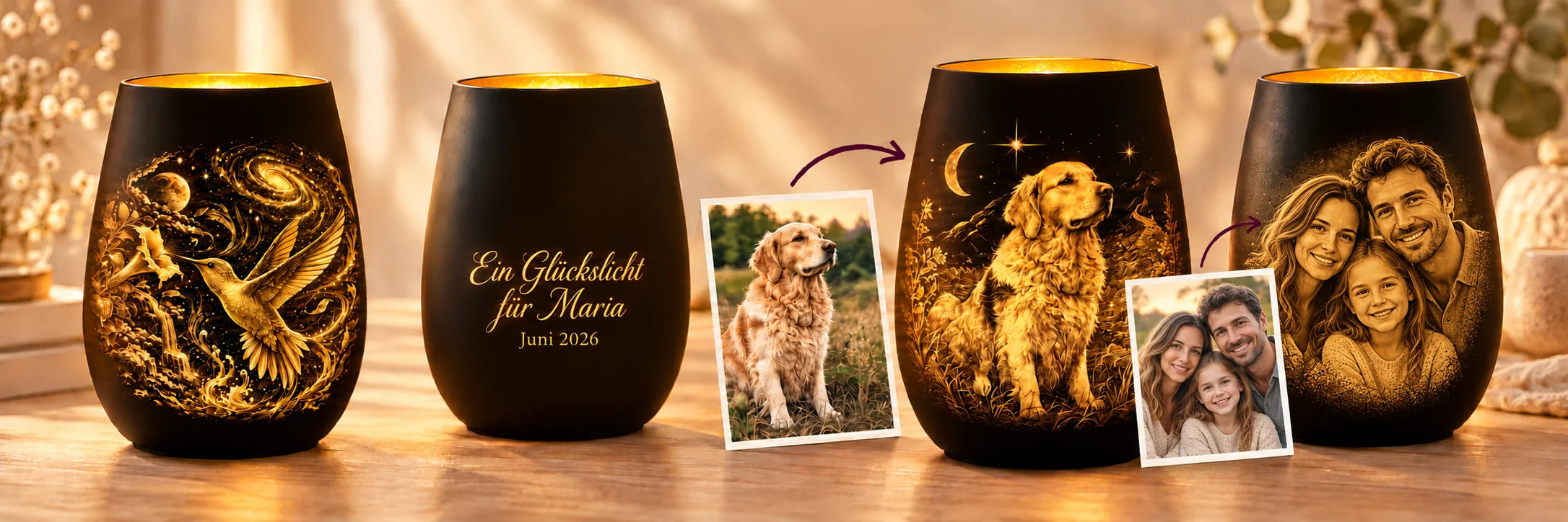 Gestaltungsbeispiele: Kolibri-Motiv, persönliche Rückseite sowie Hunde- und Familienfoto neben den daraus gestalteten LiebLichtern mit Lasergravur.